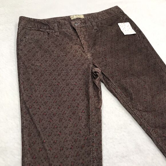 NWT FREE PEOPLE Corduroy Jean Women 34x31 Brown Ditsy Rose Floral Print Slim - Picture 6 of 16